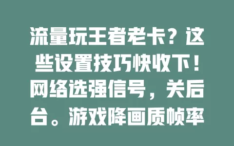 流量玩王者老卡？这些设置技巧快收下！网络选强信号，关后台。游戏降画质帧率，关特效。定期清缓存，告别卡顿，畅玩无忧！