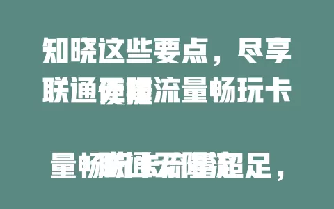 知晓这些要点，尽享联通无限流量畅玩卡便捷

联通无限流量畅玩卡流量超足，网络稳，套餐性价比高。刷剧、游戏、视频通话不愁流量，城乡皆有优质网络。用卡还有技巧，关注优惠更超值，助你畅享网络精彩 。
