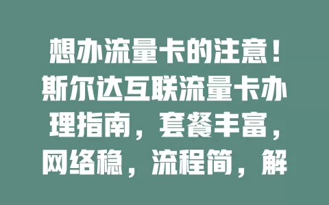 想办流量卡的注意!斯尔达互联流量卡办理指南,套餐丰富,网络稳,流程简,解决你的流量烦恼