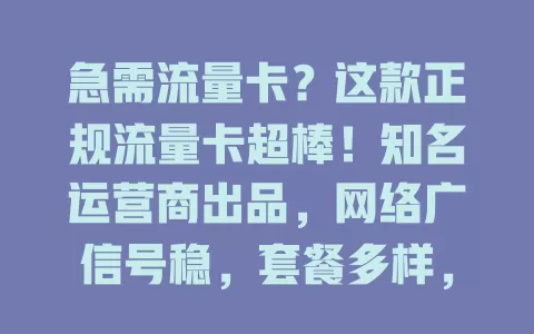 急需流量卡?这款正规流量卡超棒!知名运营商出品,网络广信号稳,套餐多样,费用透明,客服贴心,满足你的流量需求,给数字生活添便利