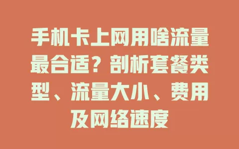 手机卡上网用啥流量最合适?剖析套餐类型、流量大小、费用及网络速度