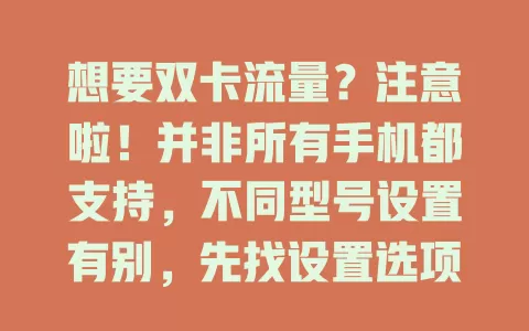 想要双卡流量?注意啦!并非所有手机都支持,不同型号设置有别,先找设置选项,留意相关设置界面,关注细节,按手机型号和系统配置,轻松实现双卡流量同时用