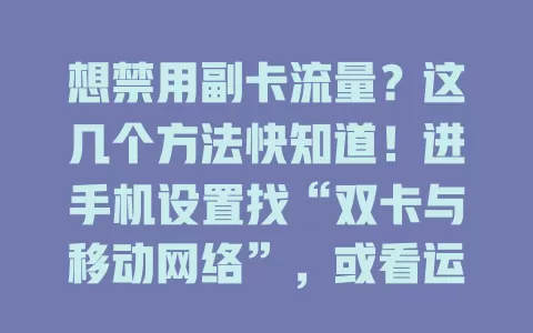 想禁用副卡流量?这几个方法快知道!进手机设置找“双卡与移动网络”,或看运营商应用,按提示操作,不行就打客服,掌握方法按需管理副卡流量