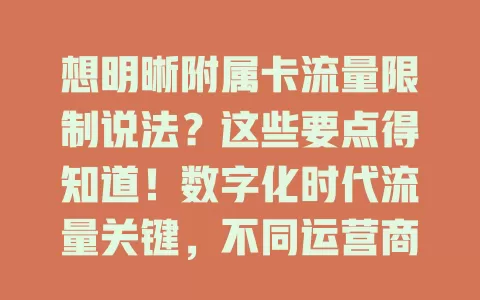 想明晰附属卡流量限制说法?这些要点得知道!数字化时代流量关键,不同运营商规定各异,用户用附属卡要清楚限制,查看协议或咨询客服,了解后使用更随心,畅享数字生活。