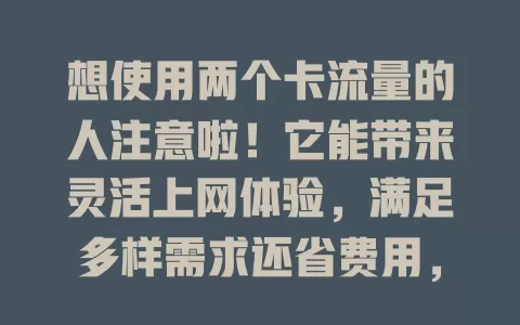想使用两个卡流量的人注意啦!它能带来灵活上网体验,满足多样需求还省费用,但用前要留意手机功能及流量规则,了解优势与注意事项,让流量使用更高效便捷!