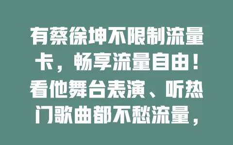有蔡徐坤不限制流量卡,畅享流量自由!看他舞台表演、听热门歌曲都不愁流量,随时沉浸其魅力世界,快乐追星无流量烦恼