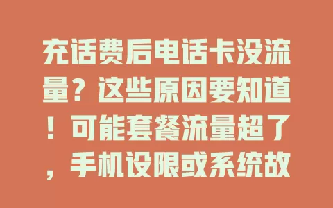 充话费后电话卡没流量?这些原因要知道!可能套餐流量超了,手机设限或系统故障,了解原因轻松解决此难题
