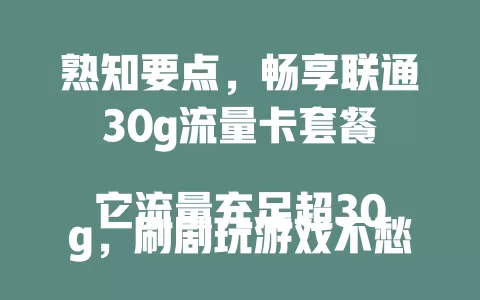 熟知要点,畅享联通30g流量卡套餐
它流量充足超30g,刷剧玩游戏不愁;性价比高花钱少;网络稳定城乡畅;使用场景丰富,旅行办公皆能行,带来优质体验成用户心仪之选 。
