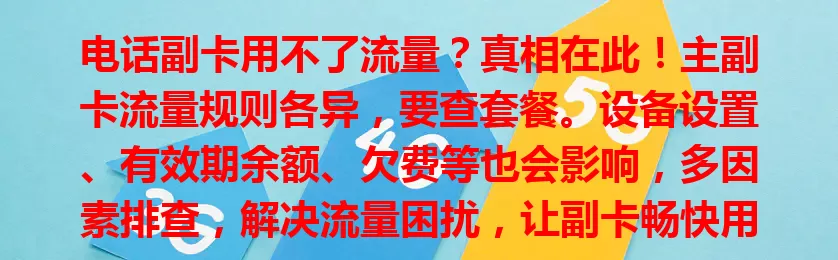 电话副卡用不了流量?真相在此!主副卡流量规则各异,要查套餐。设备设置、有效期余额、欠费等也会影响,多因素排查,解决流量困扰,让副卡畅快用。