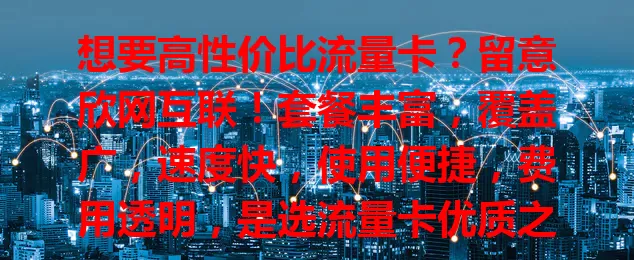 想要高性价比流量卡?留意欣网互联!套餐丰富,覆盖广,速度快,使用便捷,费用透明,是选流量卡优质之选,别再纠结,快来试试!
