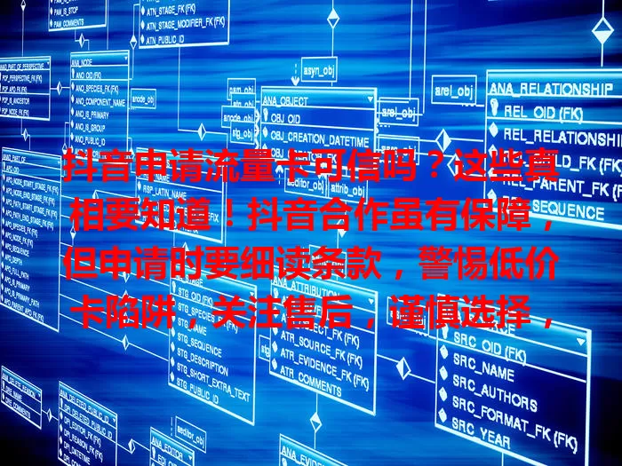 抖音申请流量卡可信吗?这些真相要知道!抖音合作虽有保障,但申请时要细读条款,警惕低价卡陷阱,关注售后,谨慎选择,才能选到适合的可信流量卡。