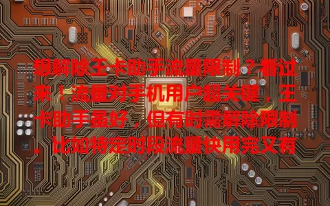 想解除王卡助手流量限制？看过来！流量对手机用户超关键，王卡助手虽好，但有时需解除限制。比如特定时段流量快用完又有急事，此时了解解除方法很重要。先查套餐规则，在设置里找办法，必要时联系客服，就能不超预算畅快用网。