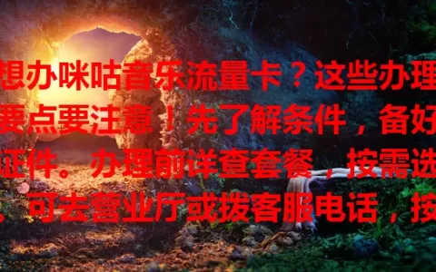 想办咪咕音乐流量卡？这些办理要点要注意！先了解条件，备好证件。办理前详查套餐，按需选。可去营业厅或拨客服电话，按指导操作。办理时核对信息，无误再提交，轻松拥有满足需求的流量卡！