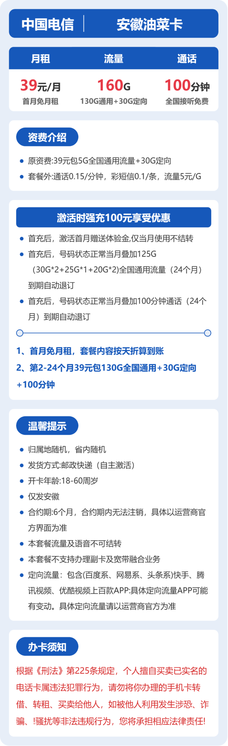 电信安徽油菜卡详情