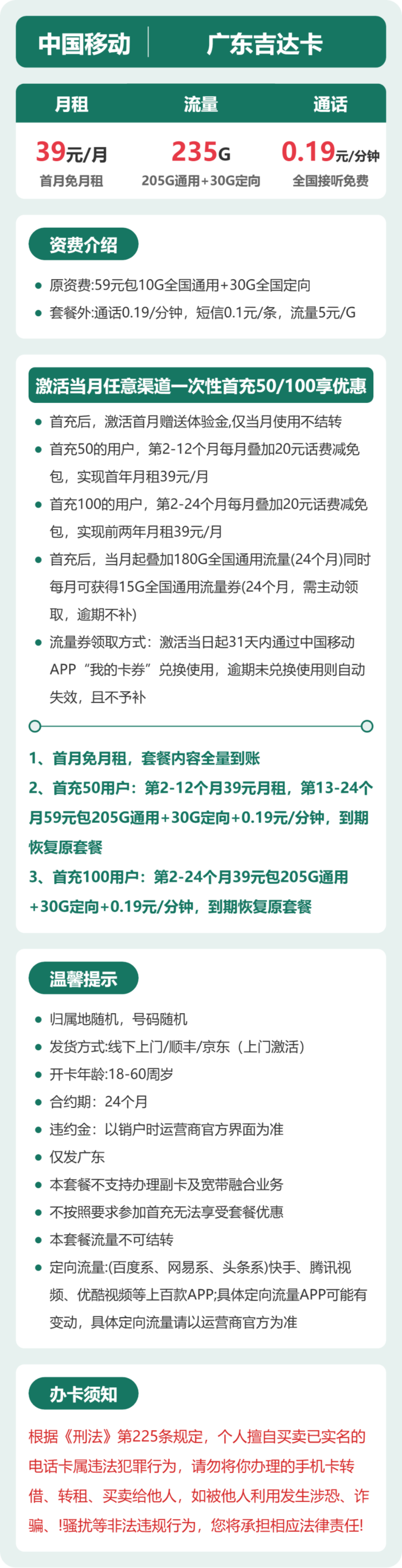 移动广东吉达卡详情